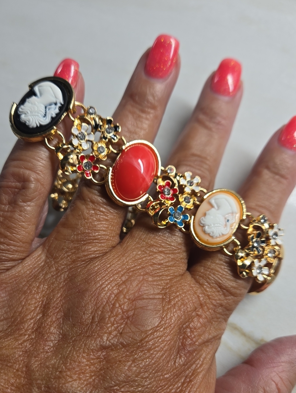 Exquisite Chunky Gold Multi Color Cameos & Gemstone Floral Statement Bracelet -
